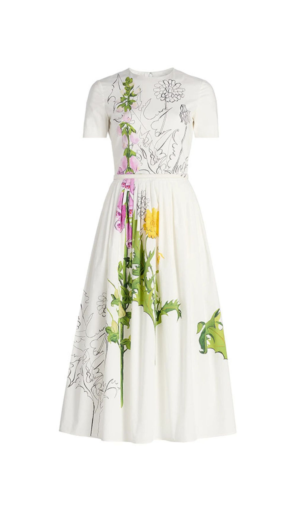 Issac White Artistic Floral Midi Dress | Botanical Sketch & Pockets