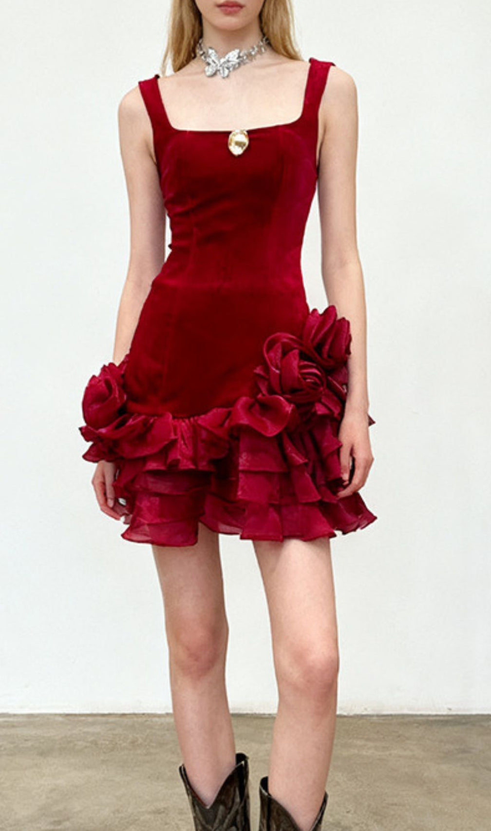 Fern Velvet Rose Ruffle Mini Dress - Strappy Party & Cocktail Dress