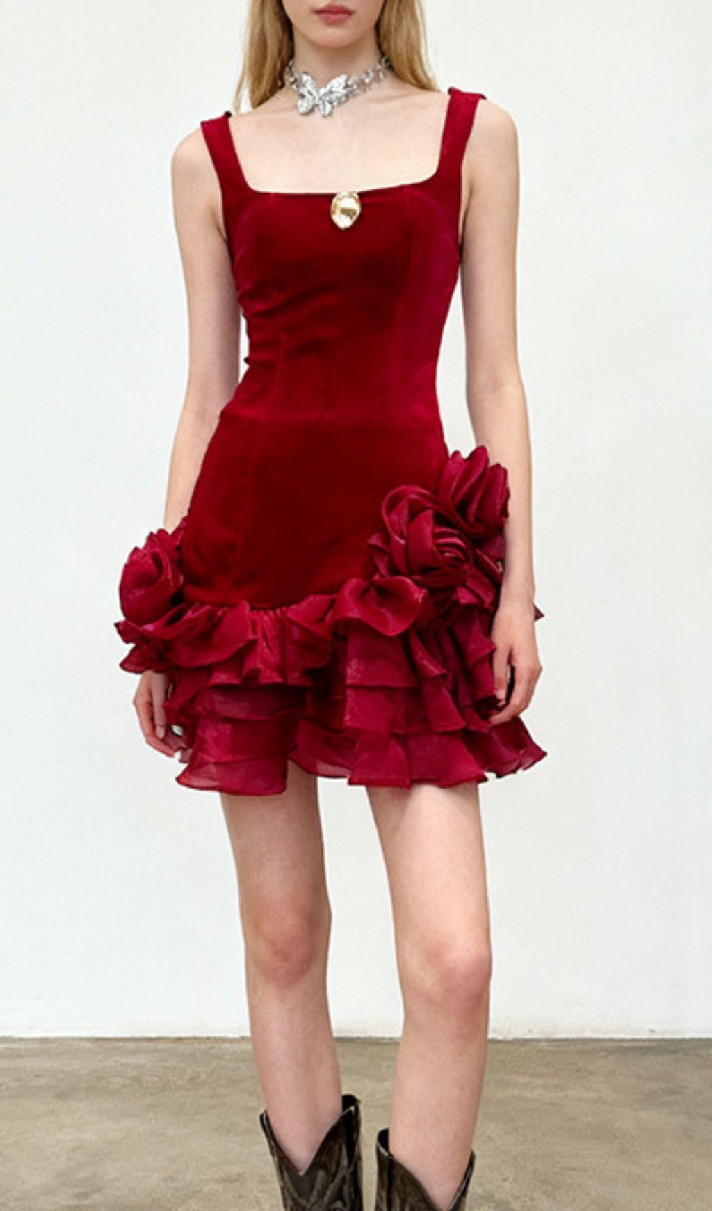 Fern Velvet Rose Ruffle Mini Dress - Strappy Party & Cocktail Dress