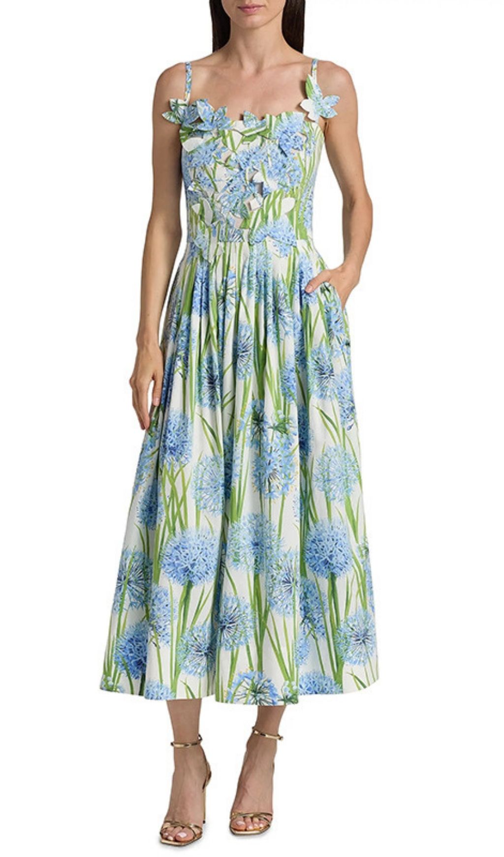 Kaari Whimsical Allium Bloom Midi Dress with 3D Appliques & Pockets