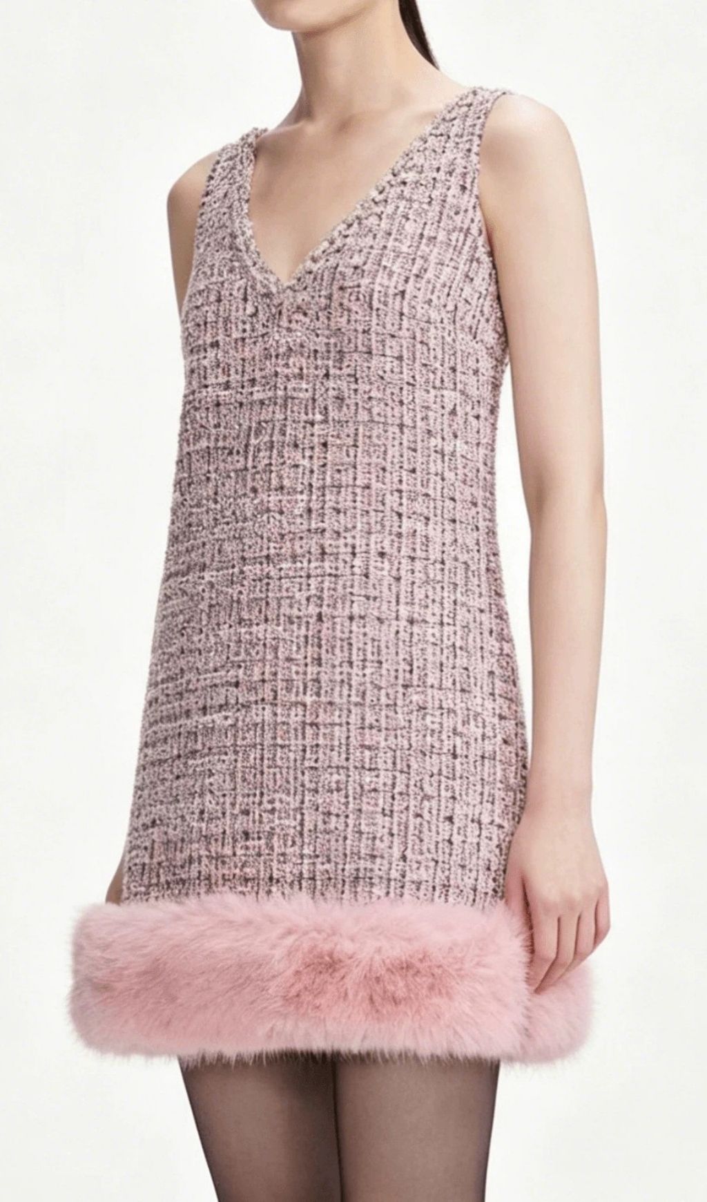 Kiffany Luxe Pink Tweed V-Neck Mini Dress with Fluffy Faux Fur Trim