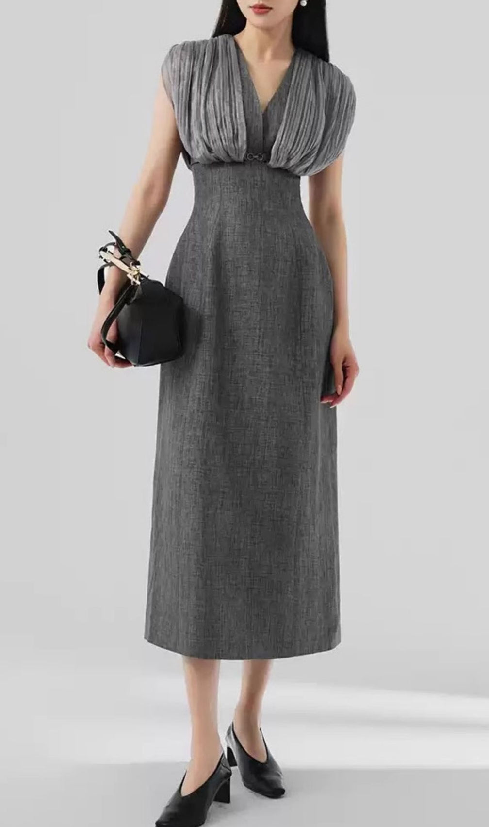 Galina Grey V-Neck Midi Dress