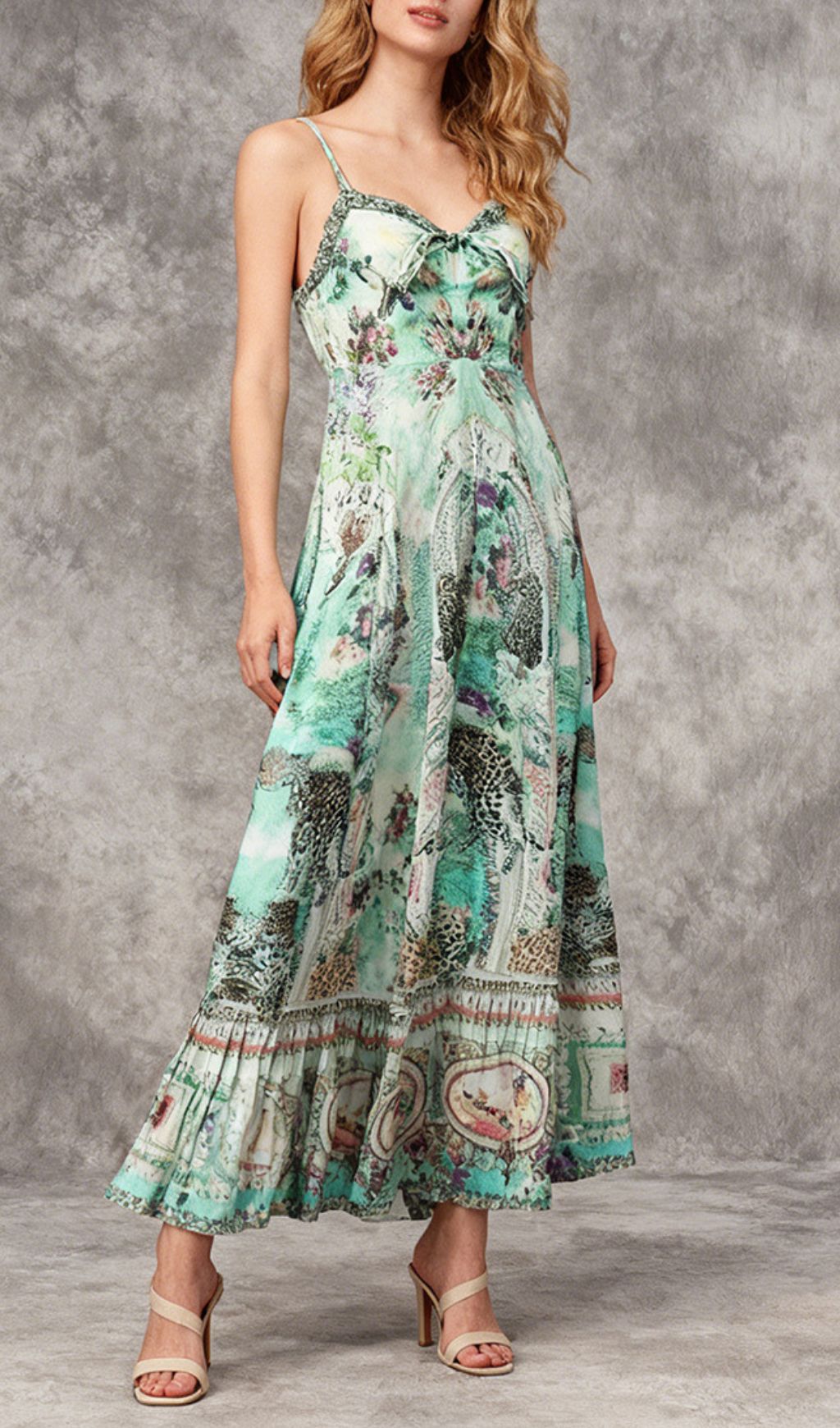 Juda Bohemian Print Flowy Maxi Dress - Strappy Green Elegance