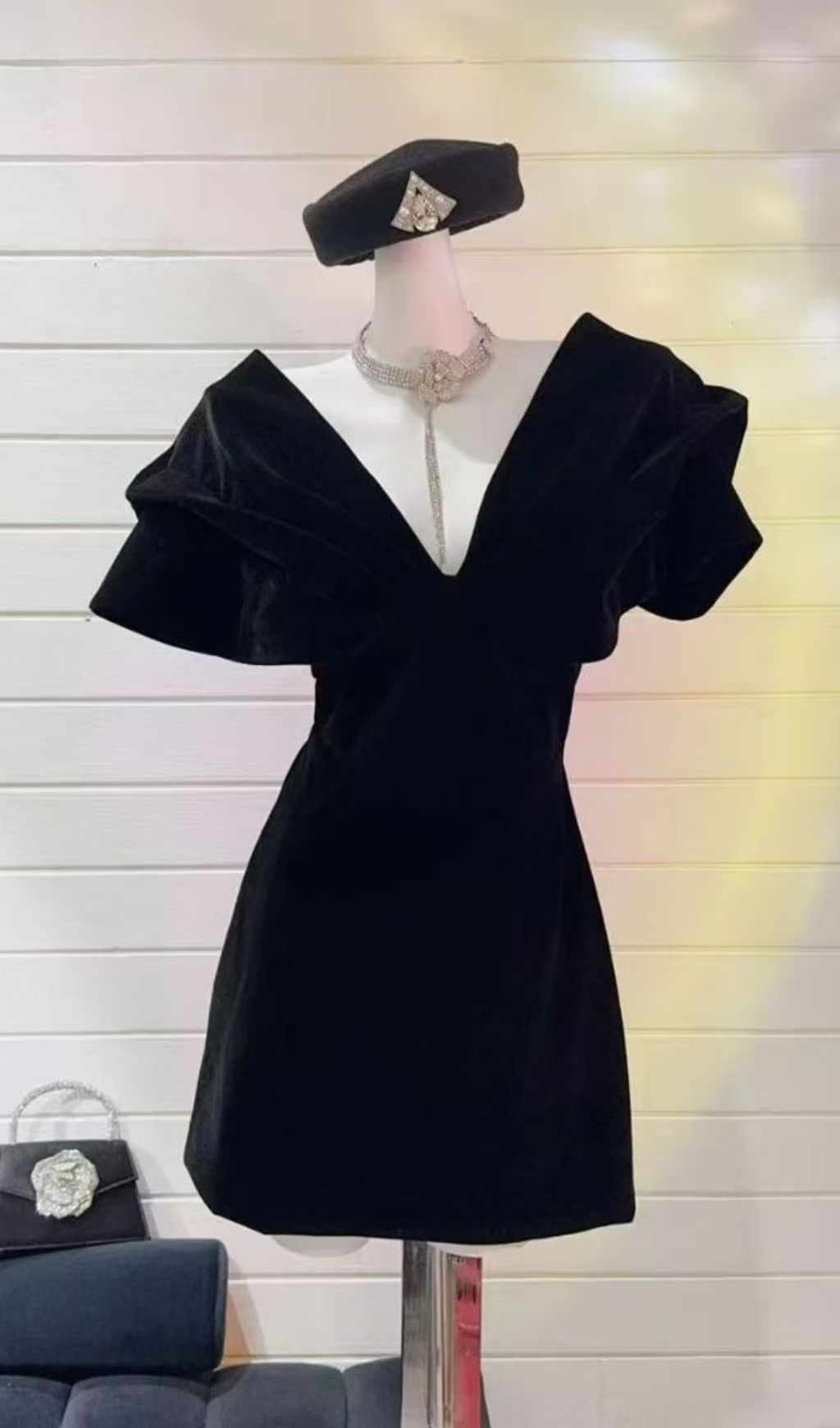 Ingrid Black Velvet V-Neck Mini Dress with Puff Sleeves - Elegant Cocktail & Party Dress