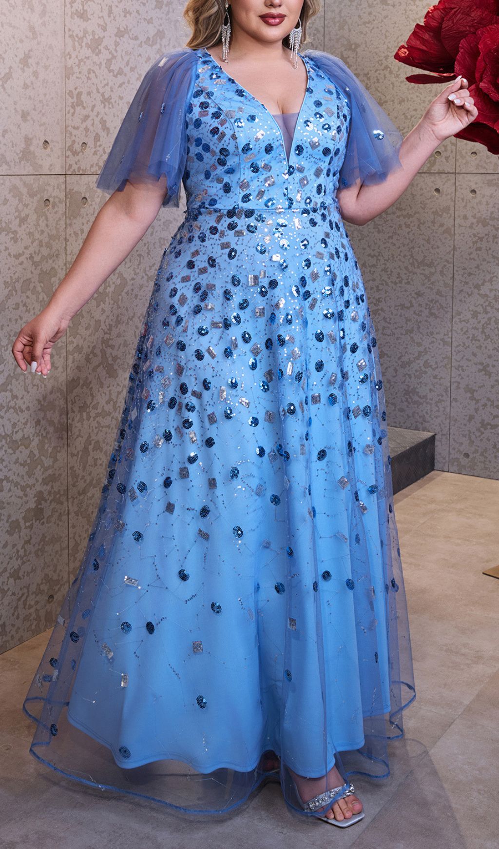 Inari Dazzling Blue Sequin Mesh Plus Size Maxi Gown - Elegant Evening Dress