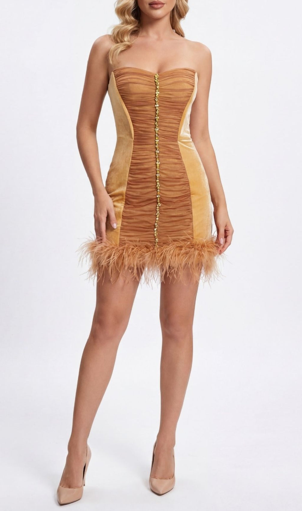 Kazuhito Glamour: Strapless Velvet Feather Mini Dress with Dazzling Diamante & Ruched Detail