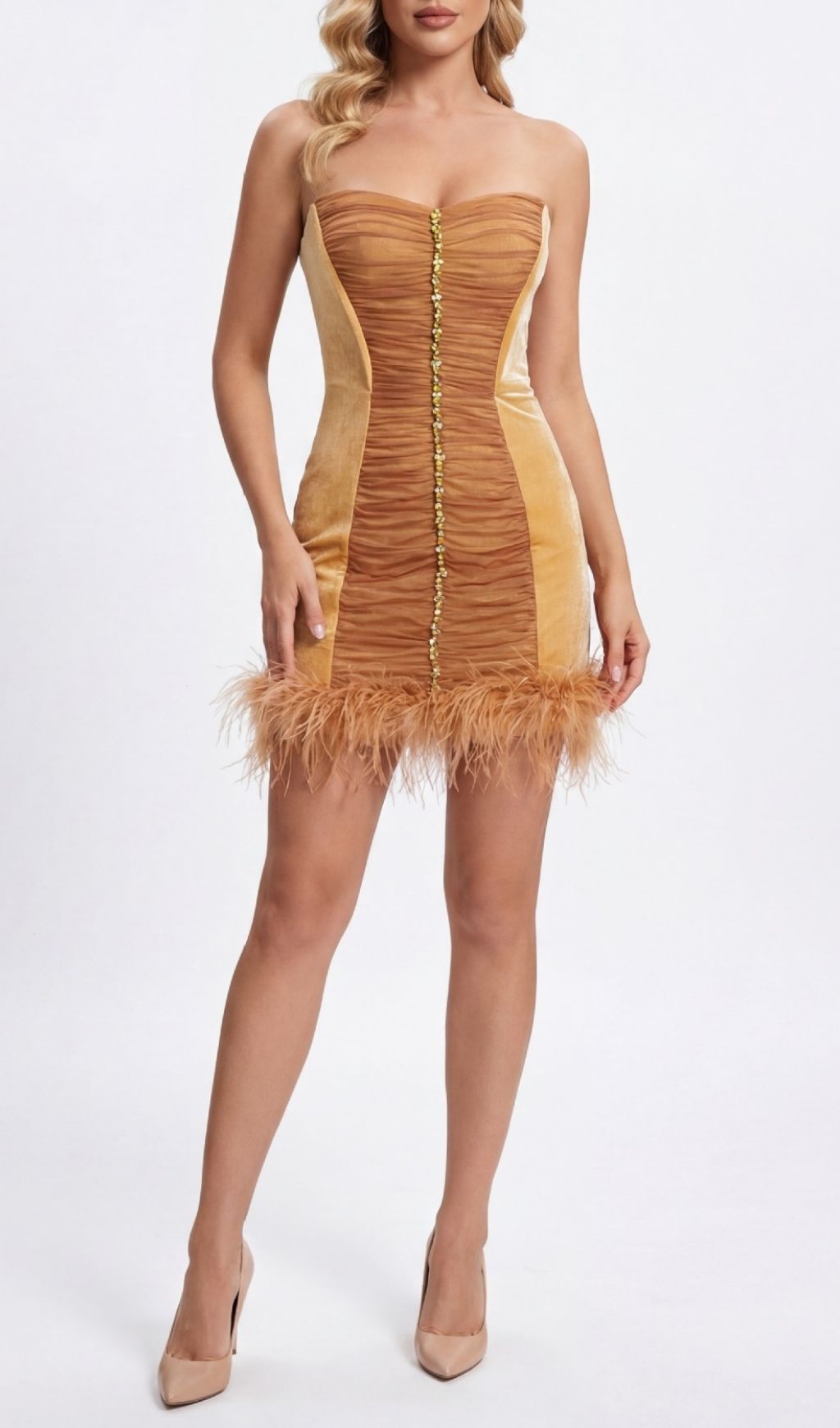 Kazuhito Glamour: Strapless Velvet Feather Mini Dress with Dazzling Diamante & Ruched Detail