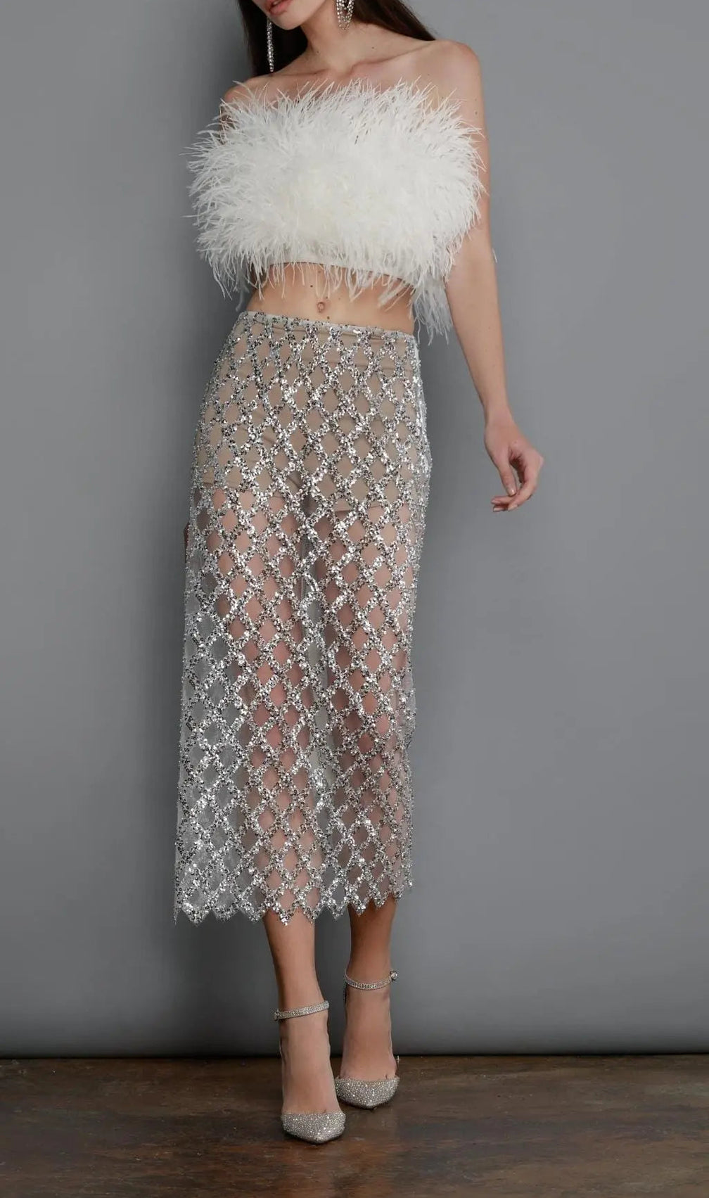 Feather Sequin Two Piece Set In White
