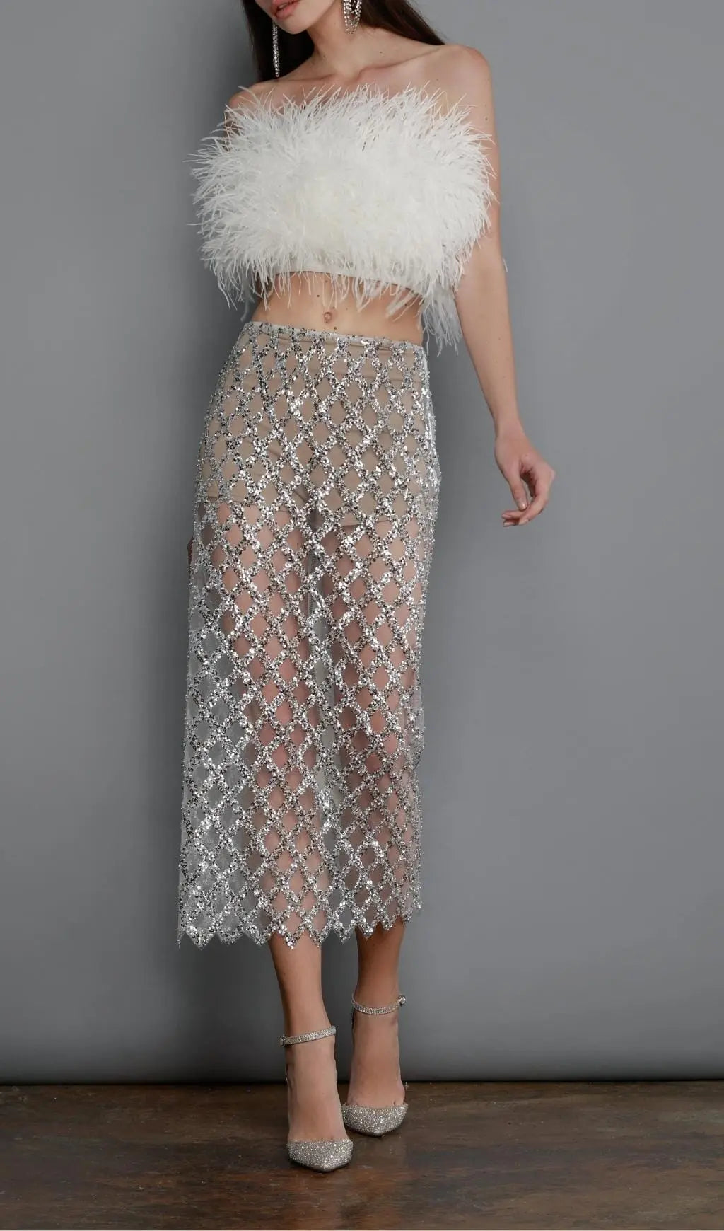 Feather Sequin Two Piece Set In White