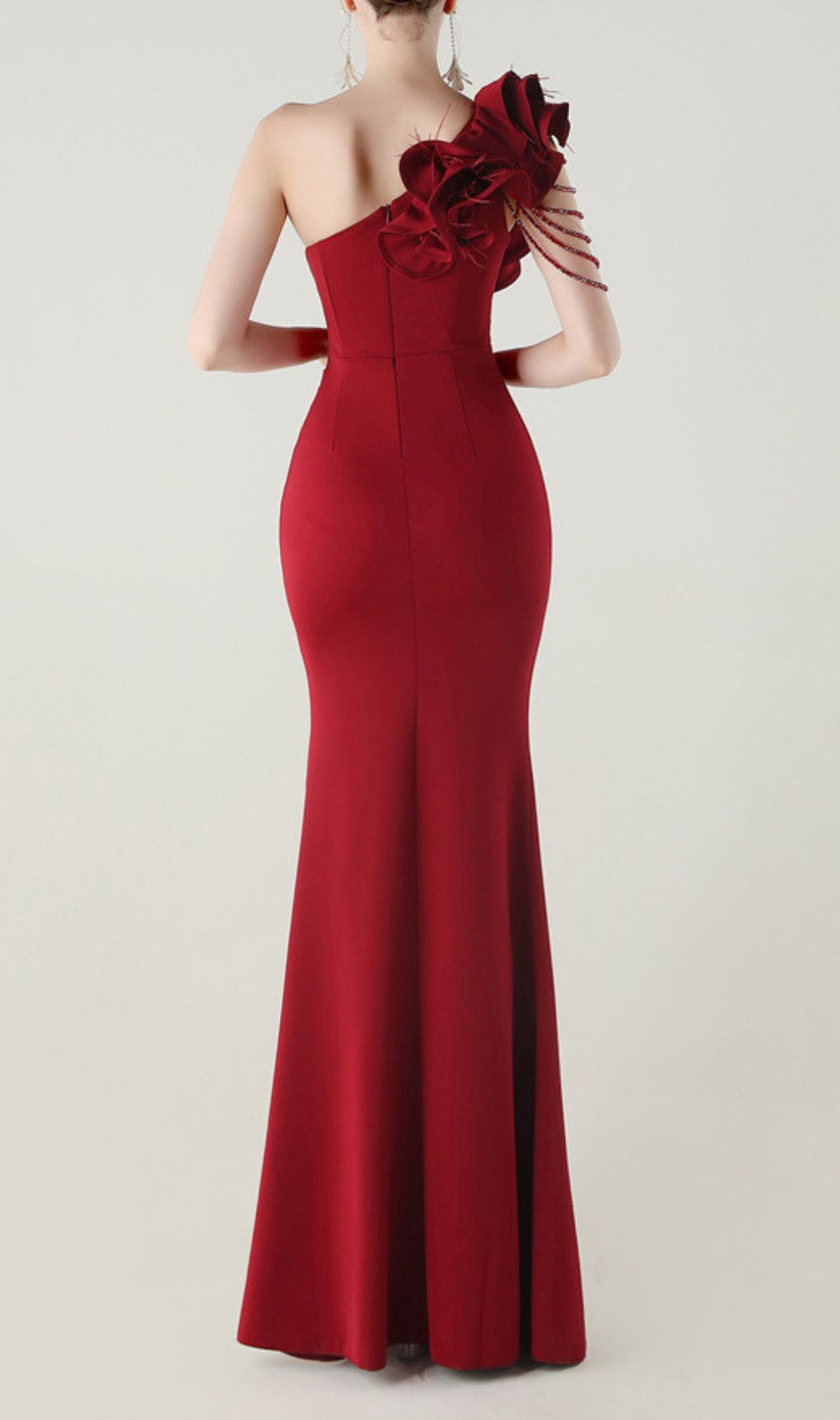 Showstopping Ijlal Red One-Shoulder Ruffle Gown with Beaded Detail & High Slit