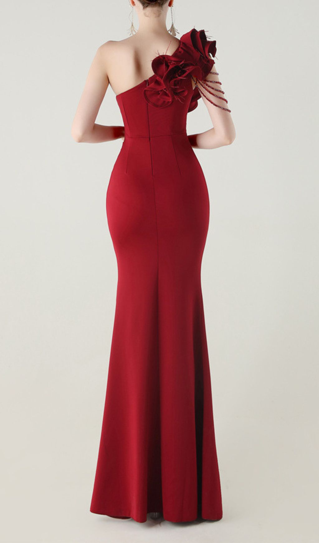 Showstopping Ijlal Red One-Shoulder Ruffle Gown with Beaded Detail & High Slit