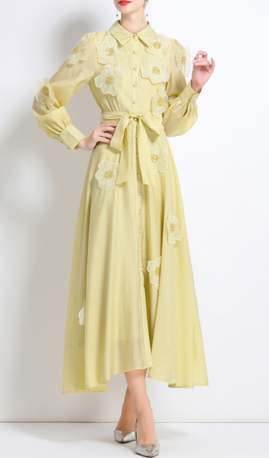 Holly Yellow Flower Long Sleeve Midi Dress
