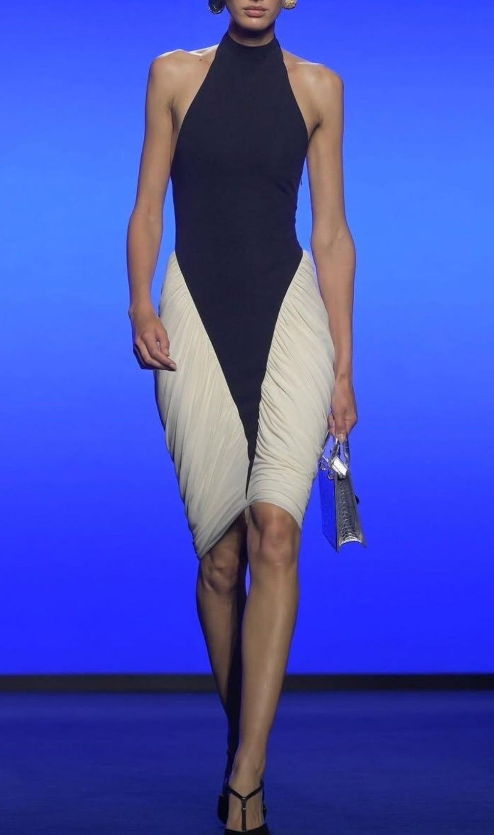 Grid Halter Ruched Bodycon Midi Dress