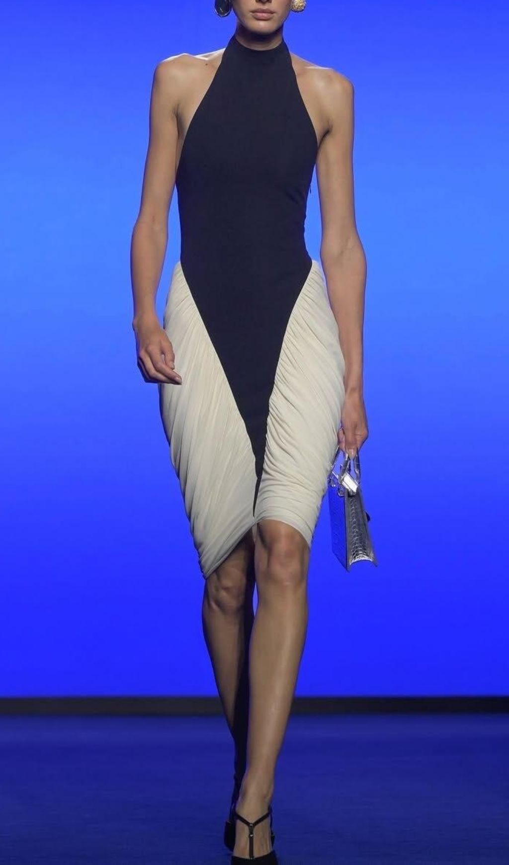 Grid Halter Ruched Bodycon Midi Dress