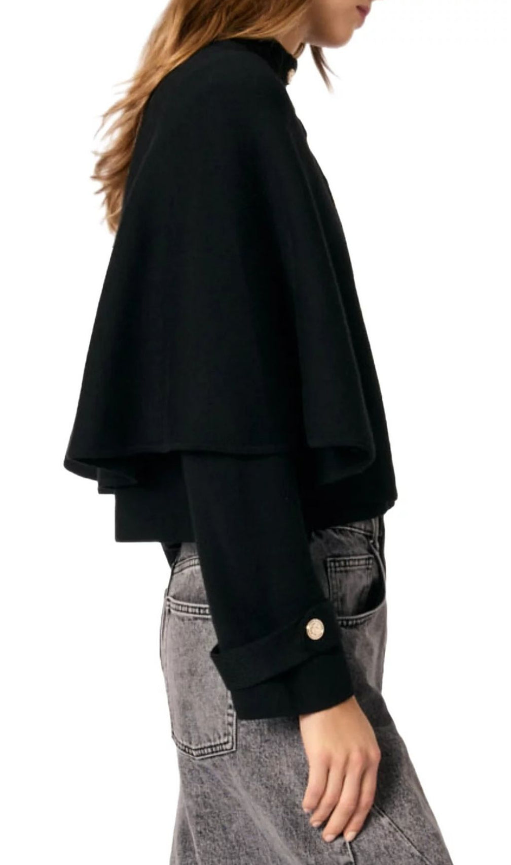 Chic Black Cape Effect Cardigan with Gold Clover Buttons