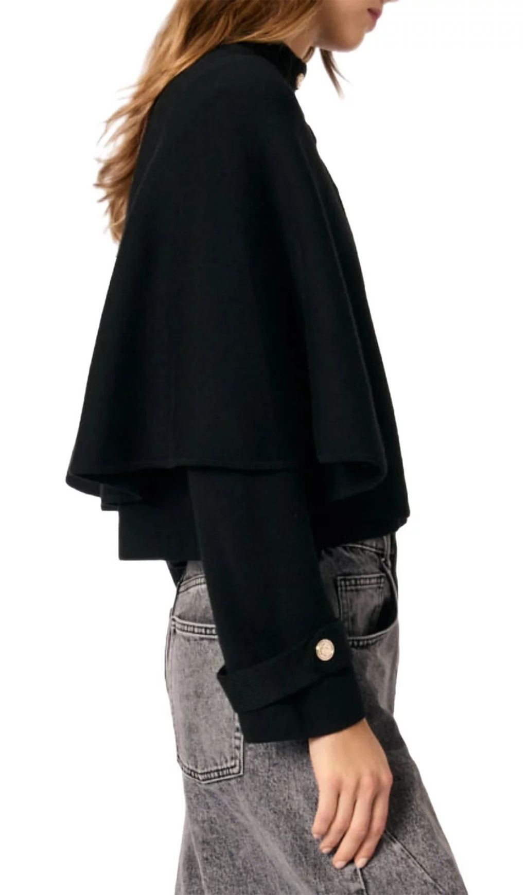 Chic Black Cape Effect Cardigan with Gold Clover Buttons