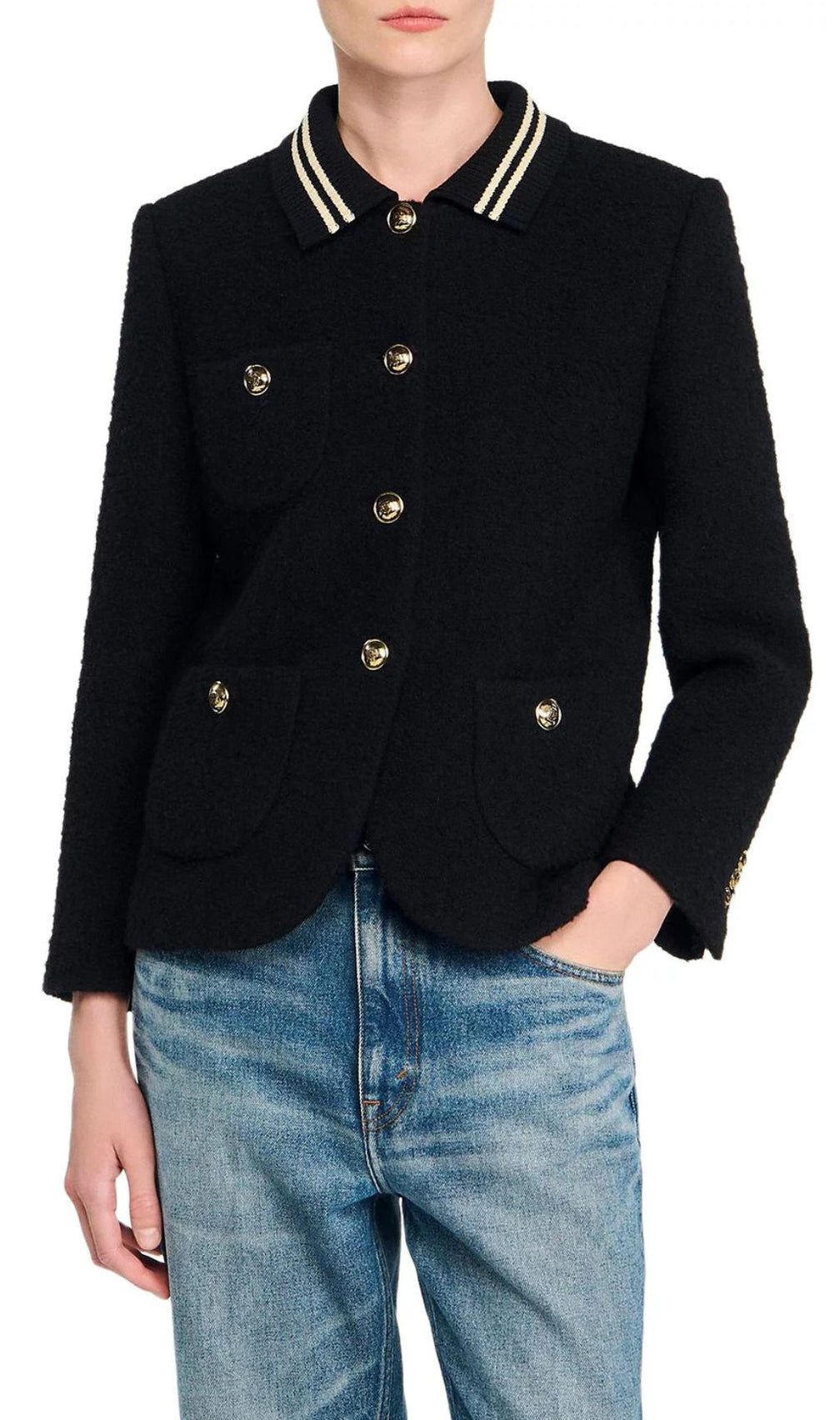 Chic Black Tweed Jacket | Contrast Striped Collar & Gold Buttons