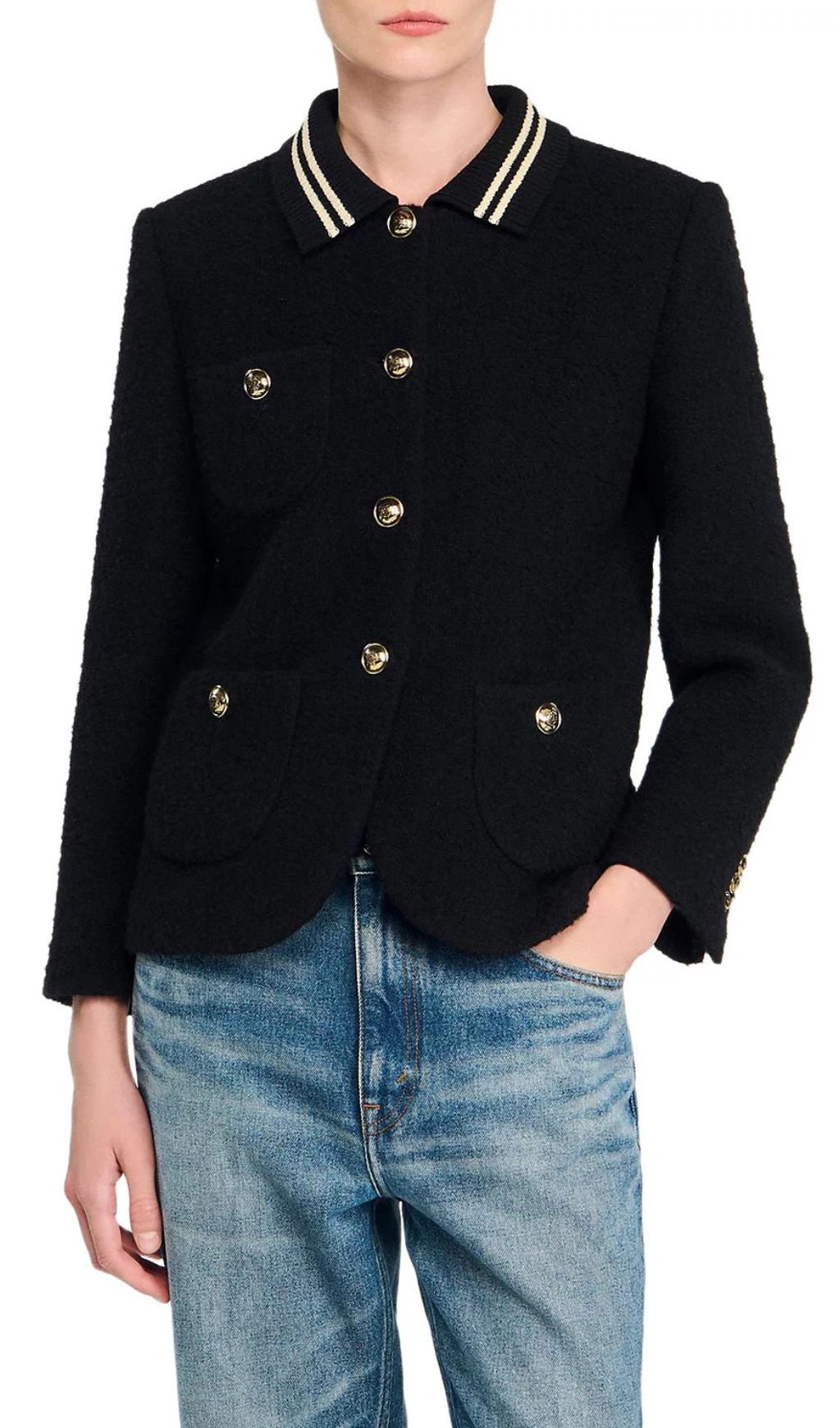Chic Black Tweed Jacket | Contrast Striped Collar & Gold Buttons