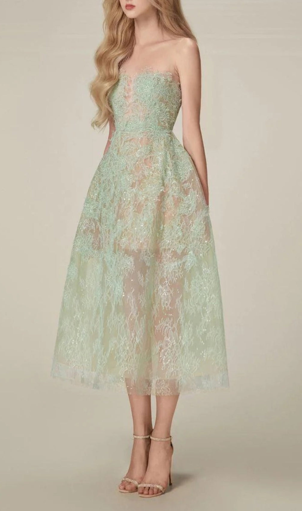 Allyson Green Floral Lace Embroider Midi Dress