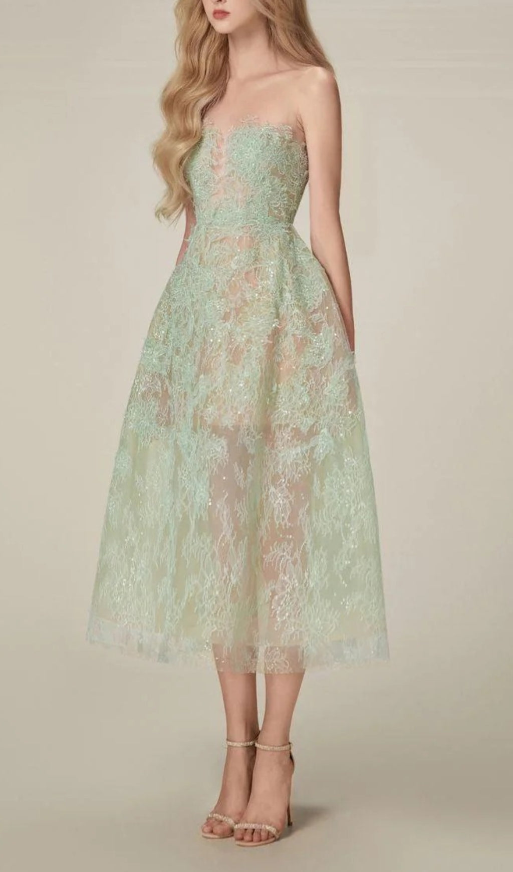 Allyson Green Floral Lace Embroider Midi Dress