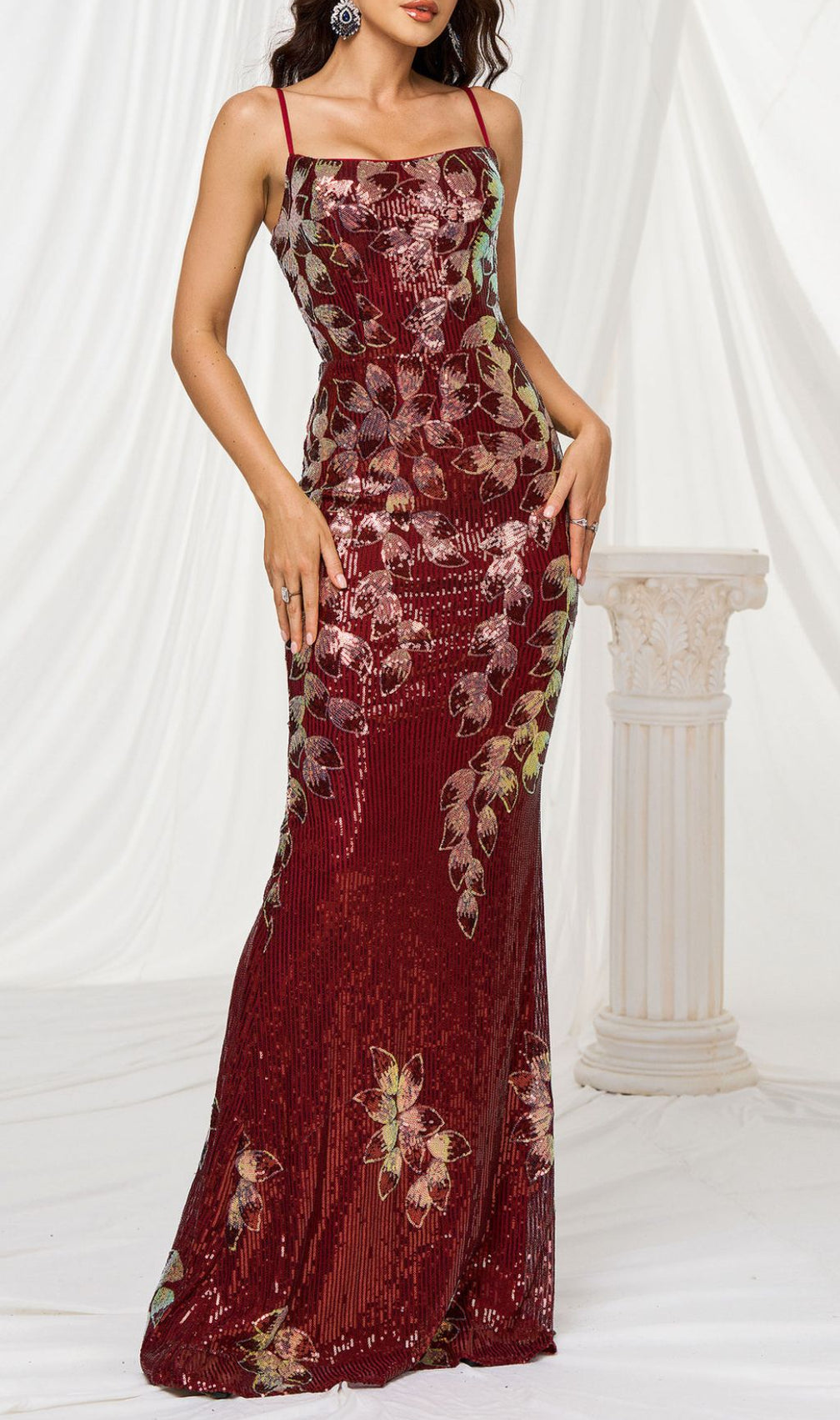 Fiora Wine Strappy Sequin Maxi Dress