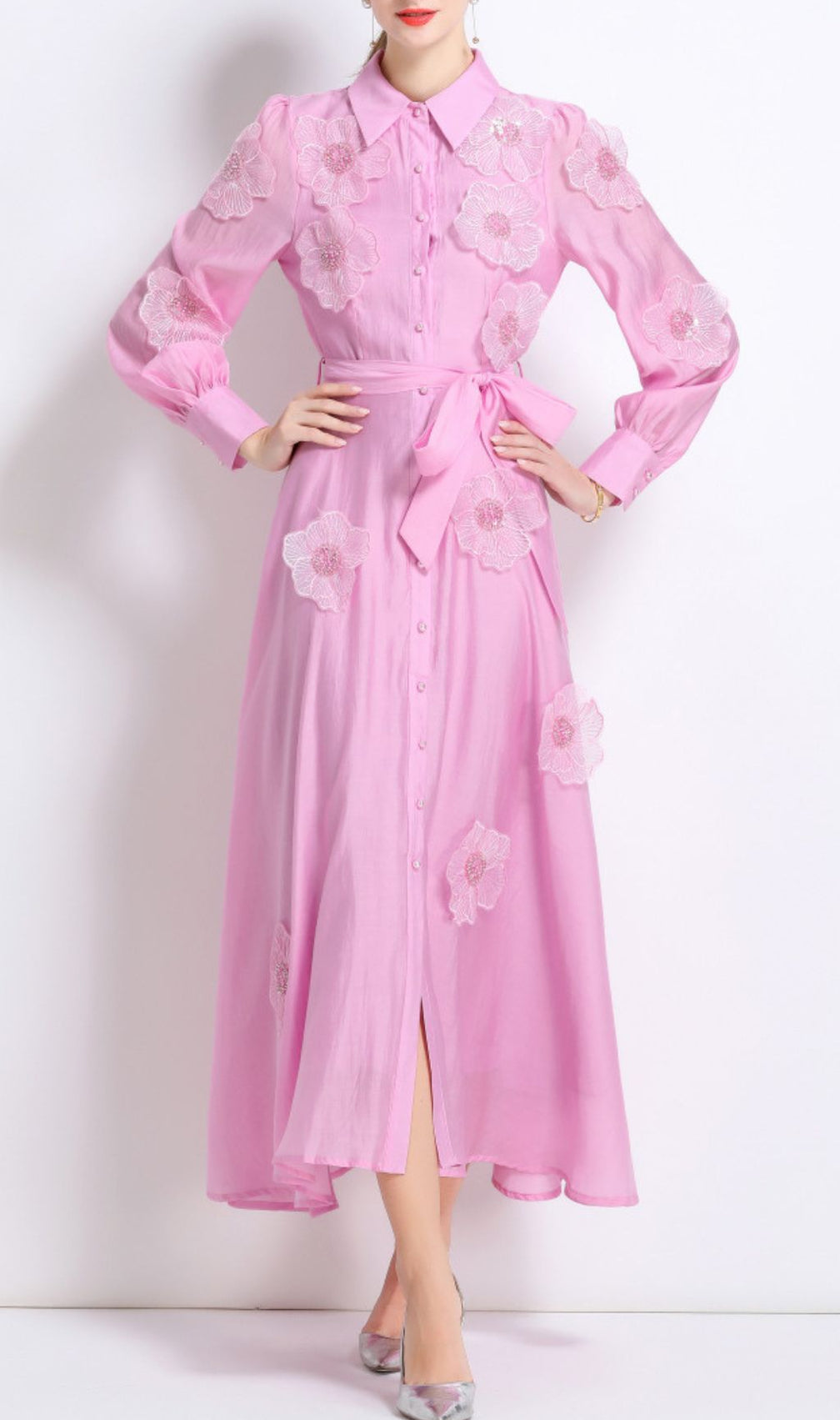Holly Pink Flower Long Sleeve Midi Dress
