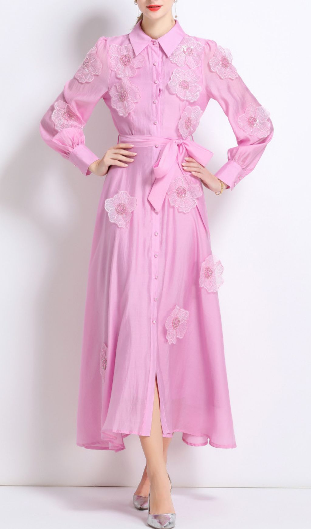 Holly Pink Flower Long Sleeve Midi Dress