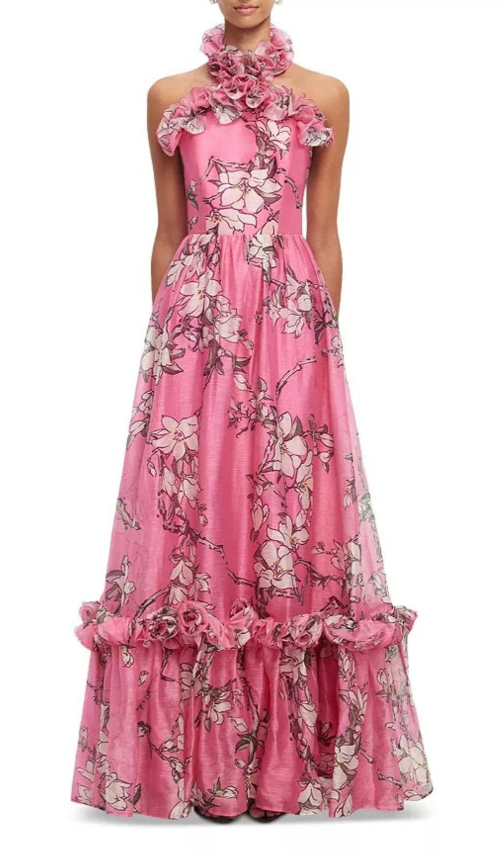Isabelle Floral Ruffled Halter Maxi Dress - Vibrant Pink Elegance