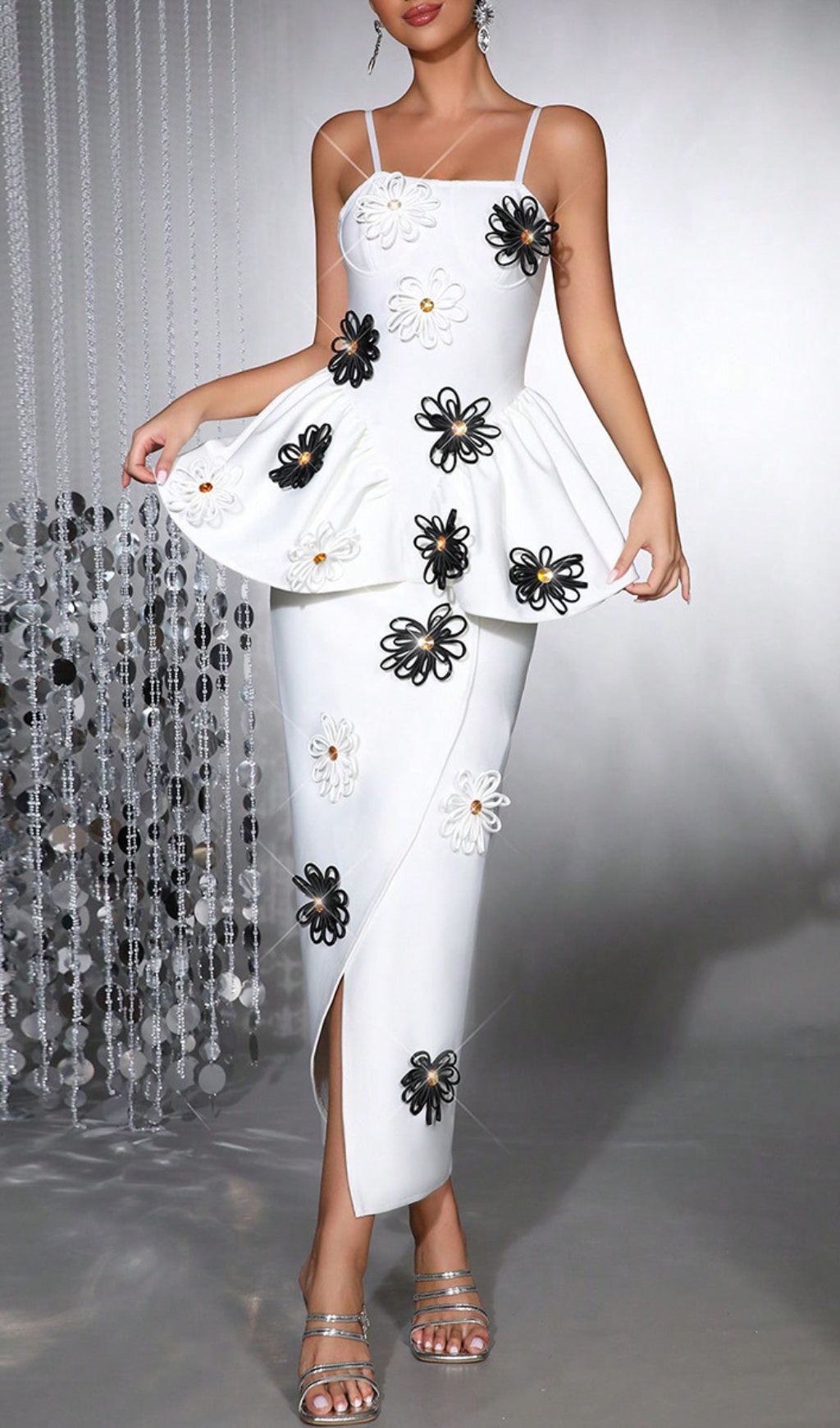 Bloom in Elegance: Hada White Floral Peplum Midi Dress with 3D Embellishments