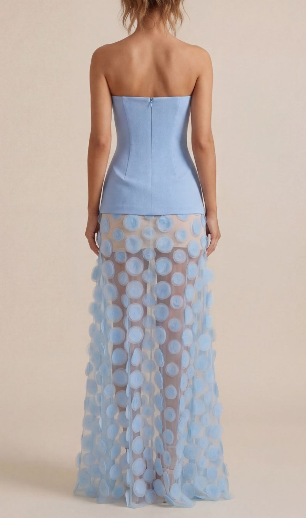 Keala Dream Blue Strapless Maxi Dress | Ethereal Mesh Applique Gown