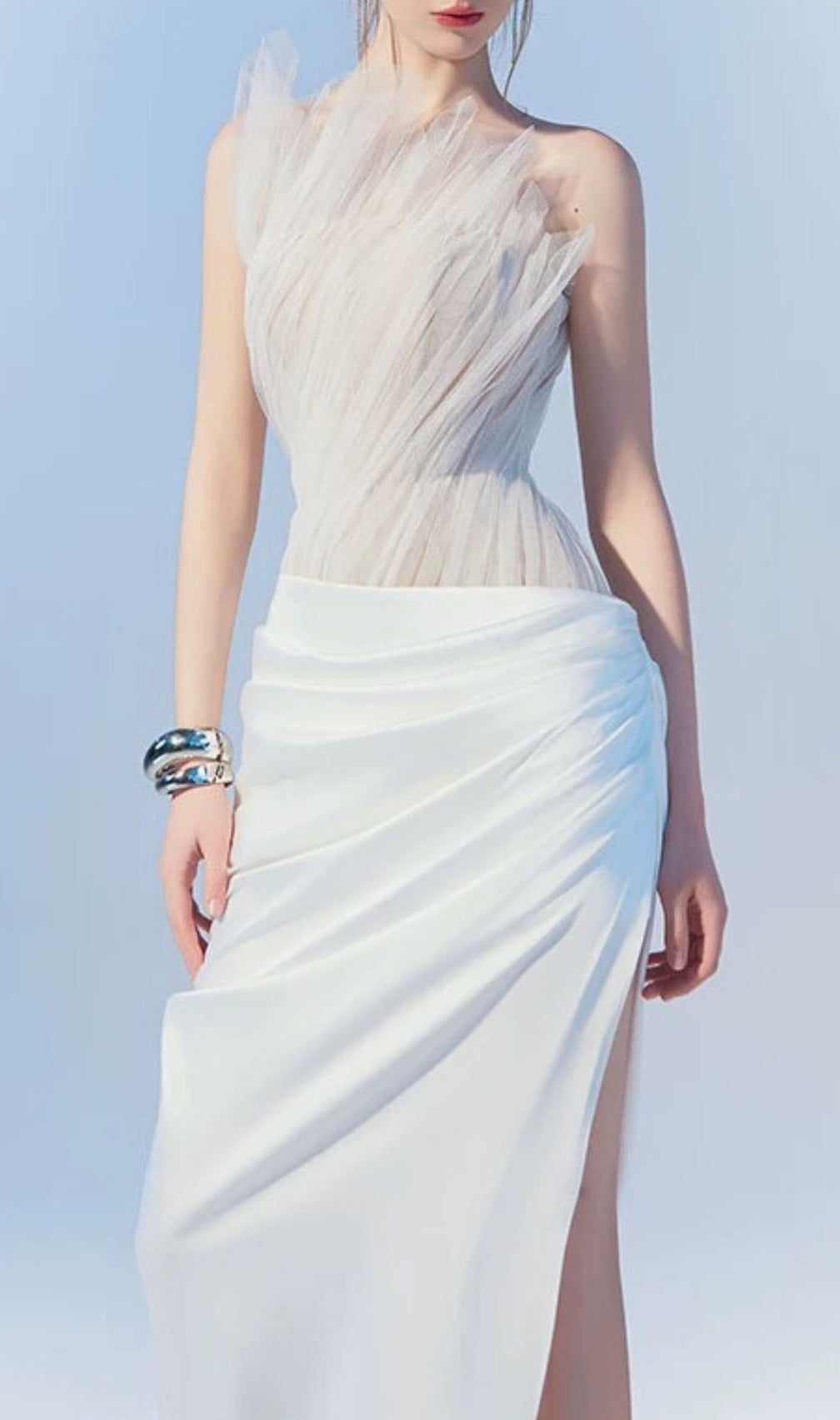 Kamira Ethereal White Mesh Ruched Maxi Gown | Sculpted Glamour Evening Dress