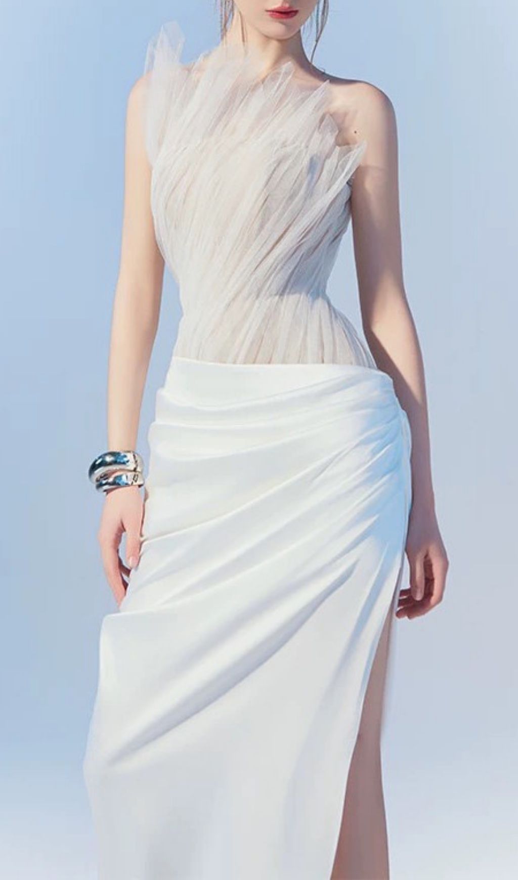 Kamira Ethereal White Mesh Ruched Maxi Gown | Sculpted Glamour Evening Dress