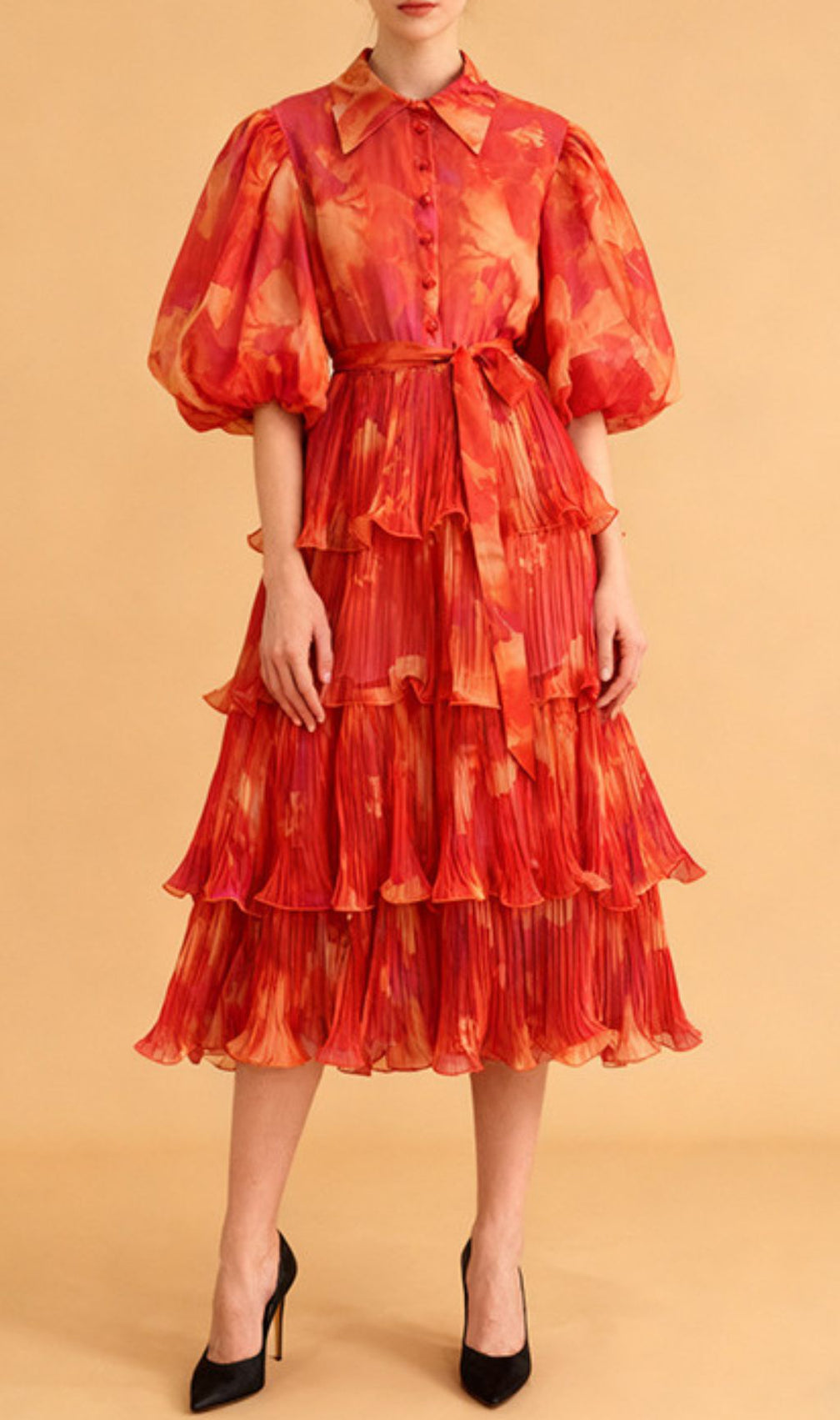 Ilma Vibrant Teal & Blue Printed Puff Sleeve Layered Midi Dress