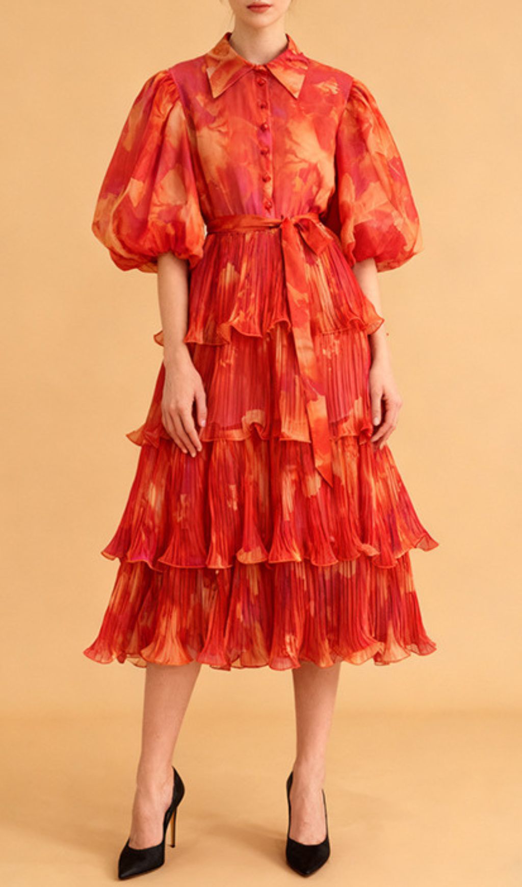 Ilma Vibrant Teal & Blue Printed Puff Sleeve Layered Midi Dress