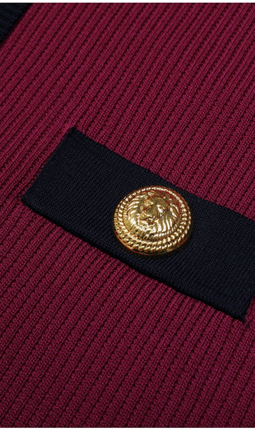 Kavita Chic Ribbed Knit Mini Dress with Gold Buttons & Contrast Trim