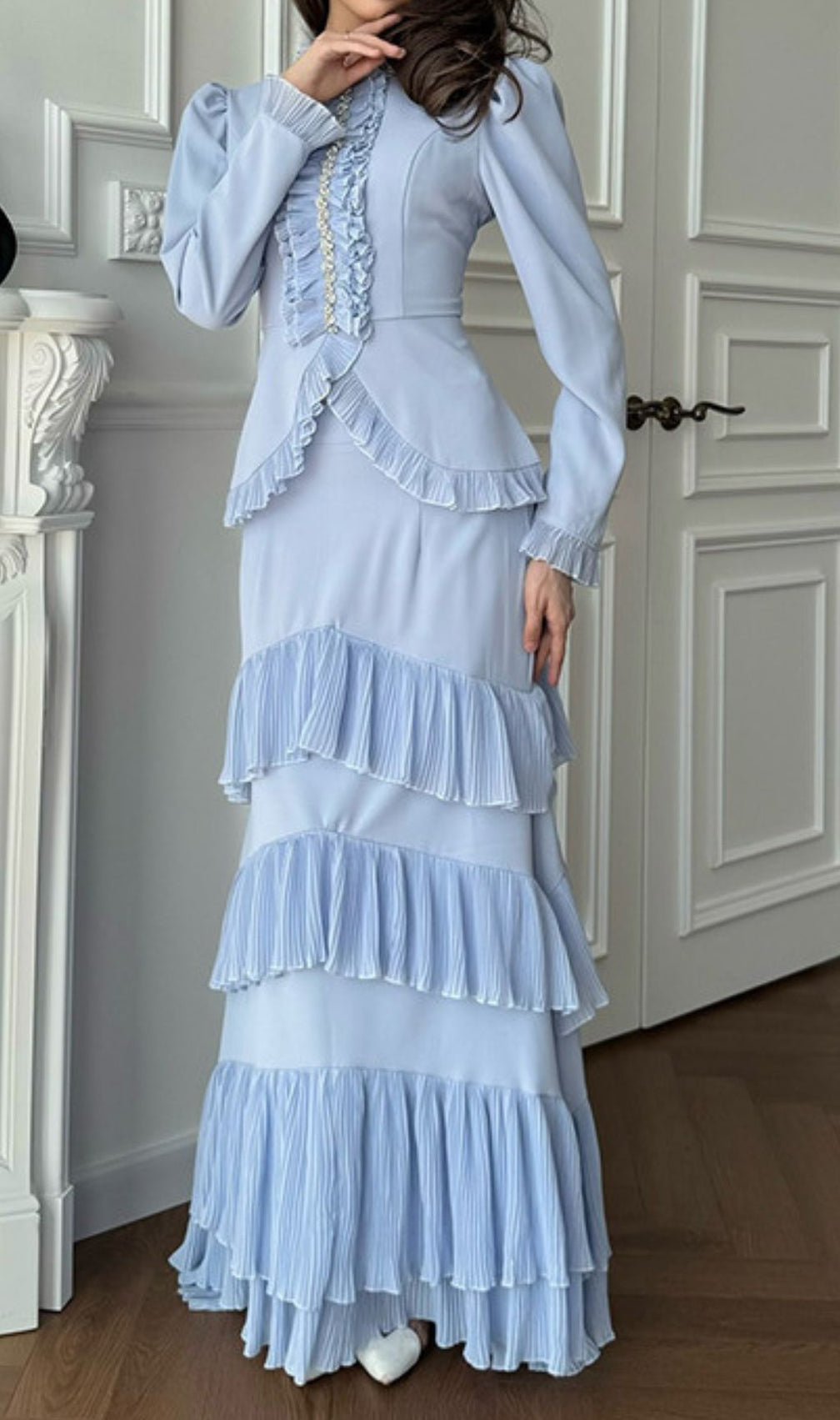 Ignace Elegant Ruffle Two-Piece Set - Long Sleeve Top & Tiered Maxi Skirt