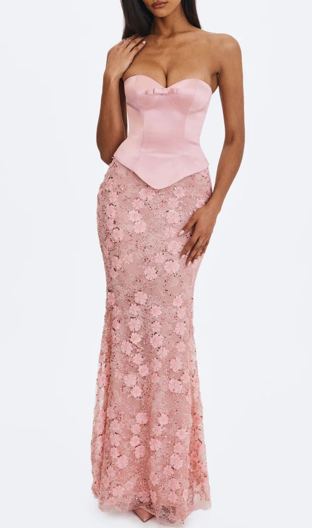 Elegant Kerith Pink Floral Strapless Maxi Dress | Prom & Formal Gown