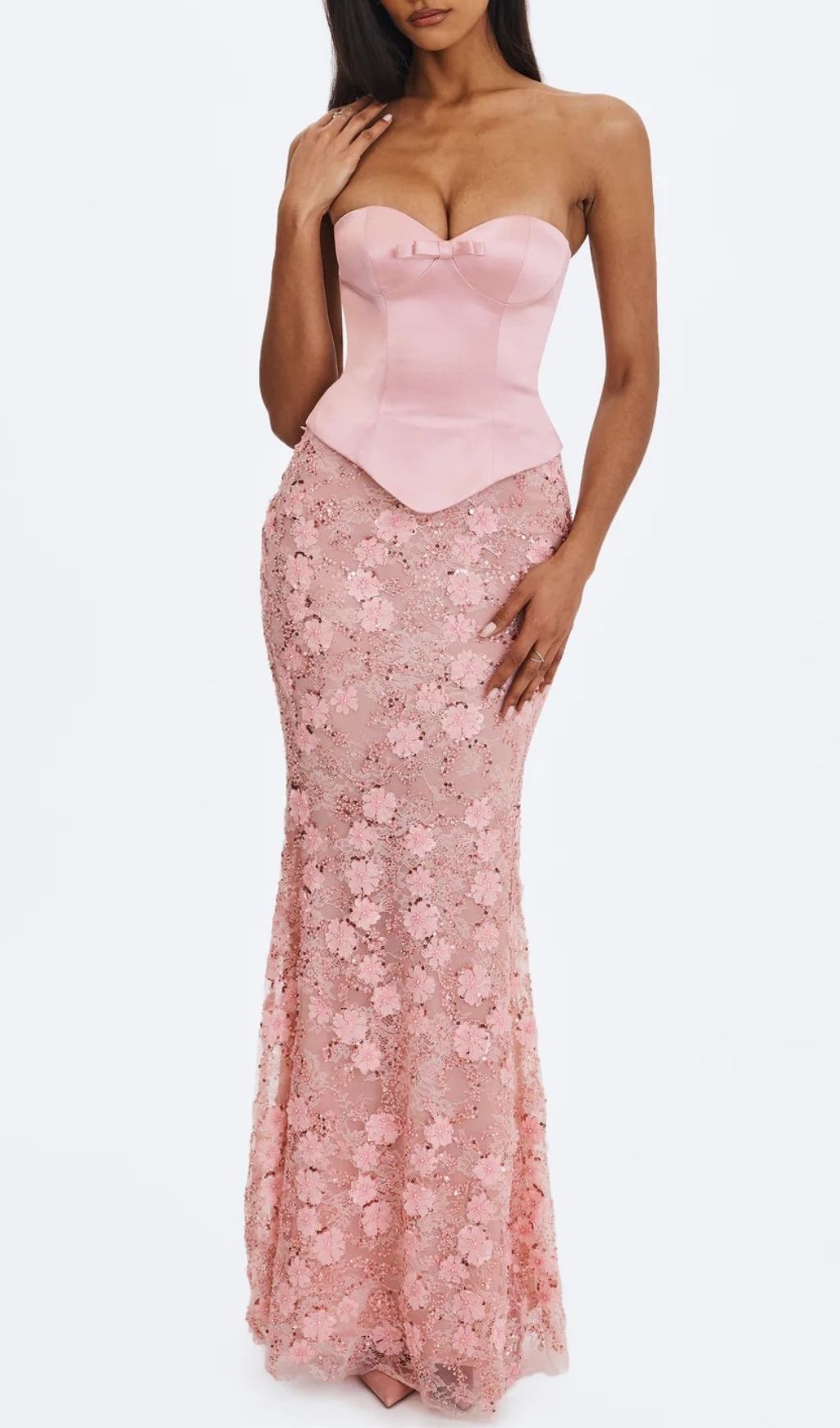 Elegant Kerith Pink Floral Strapless Maxi Dress | Prom & Formal Gown
