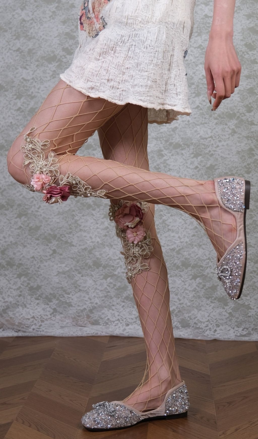 Ethereal 3D Floral & Pearl Embellished Mesh Tights