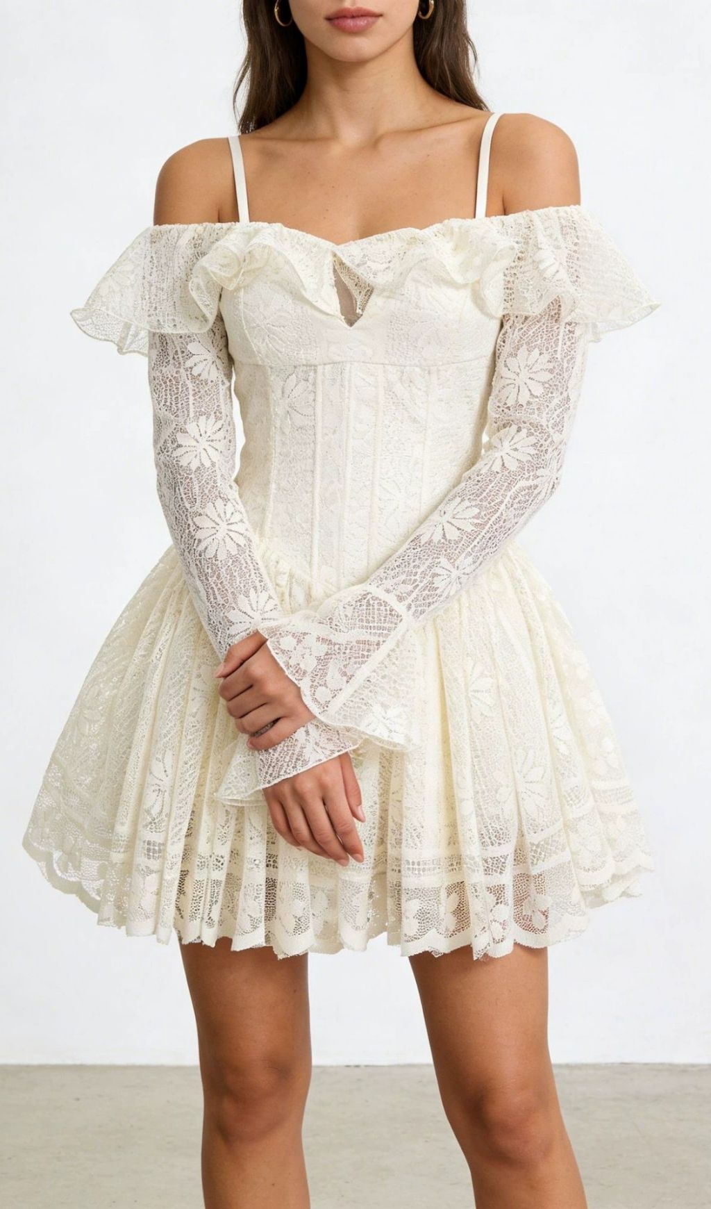 Kestrel Elegant Lace Off-Shoulder Mini Dress | Long Sleeve & Flirty Chic