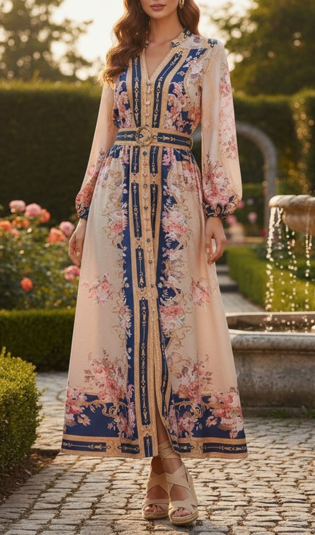 Kamillia Elegant Navy & Blush Floral Belted Long Sleeve Maxi Dress