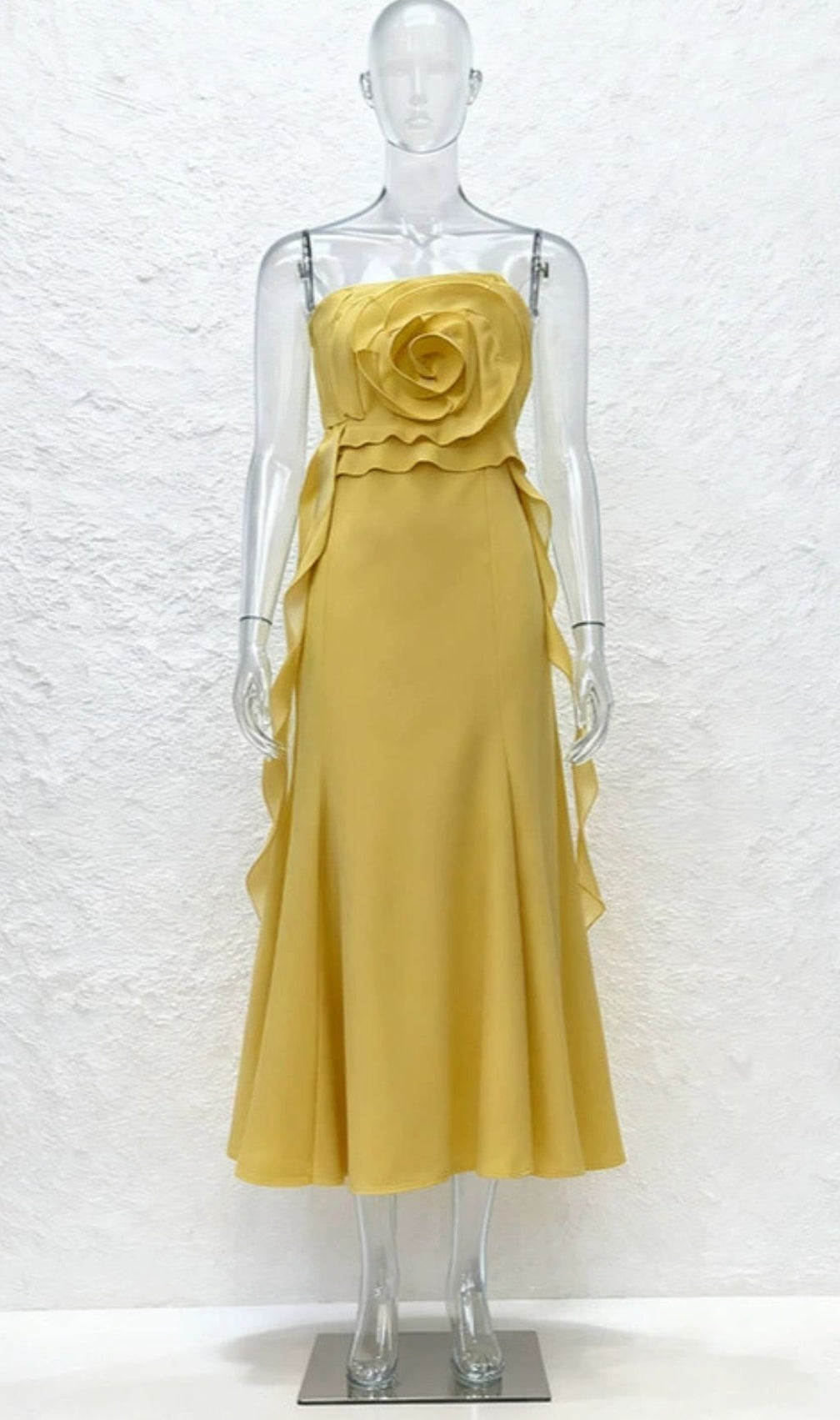 Inga Elegant Strapless 3D Flower Midi Dress - Vibrant Yellow for Summer & Parties