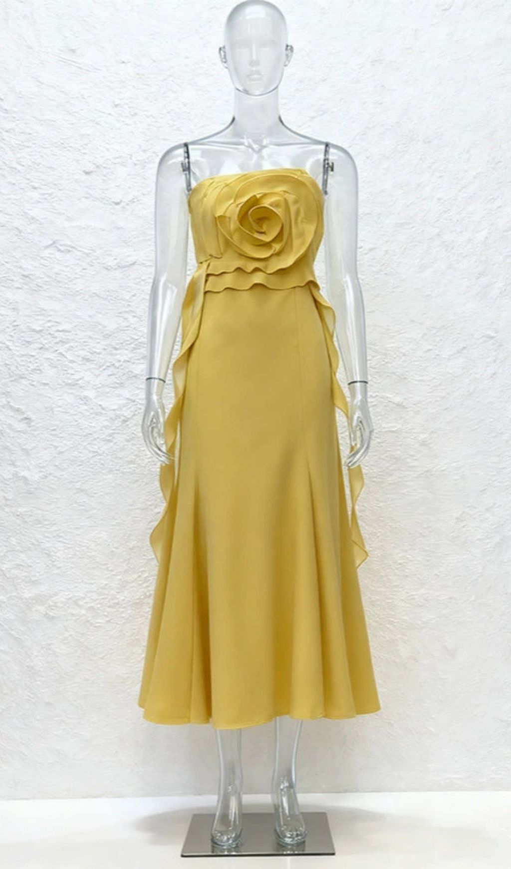 Inga Elegant Strapless 3D Flower Midi Dress - Vibrant Yellow for Summer & Parties