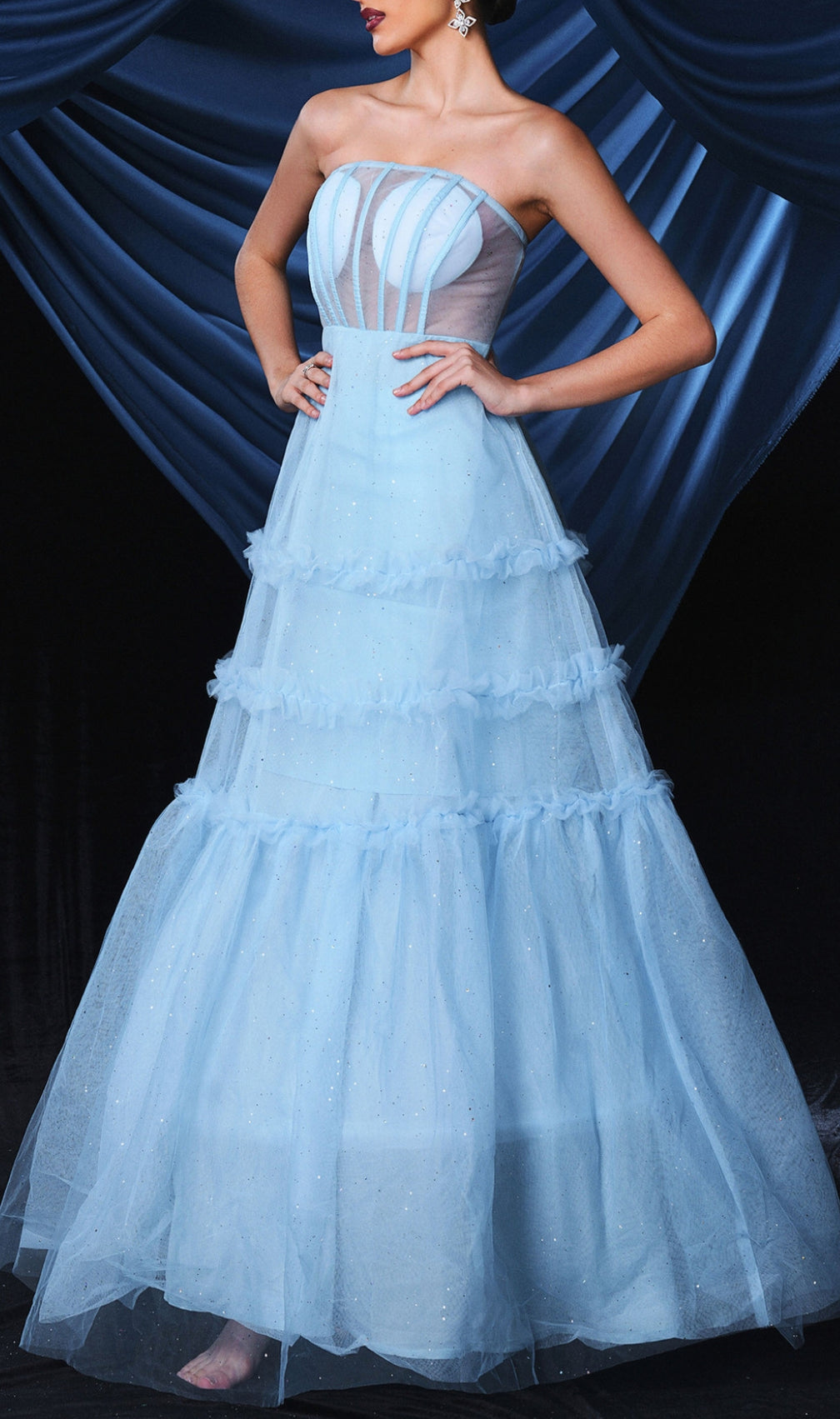 Borime Blue Corset Mesh Maxi Dress