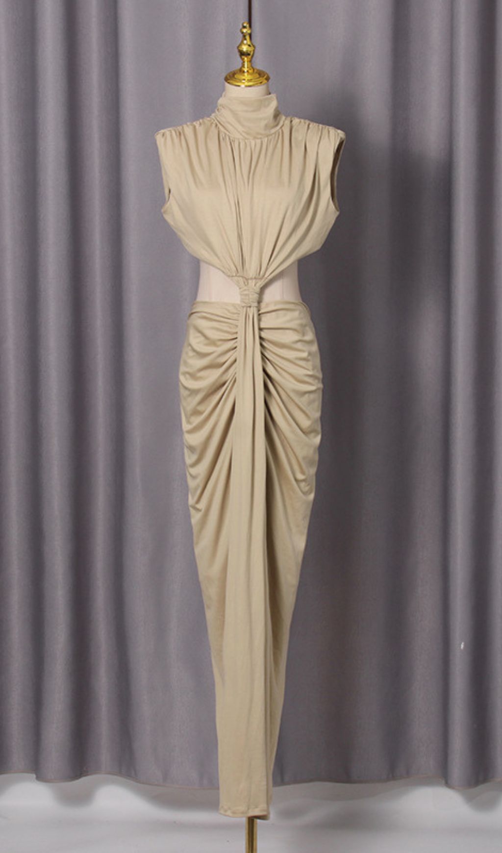 Itxaro Khaki Halter Cutout Maxi Dress: Modern Bohemian Glamour