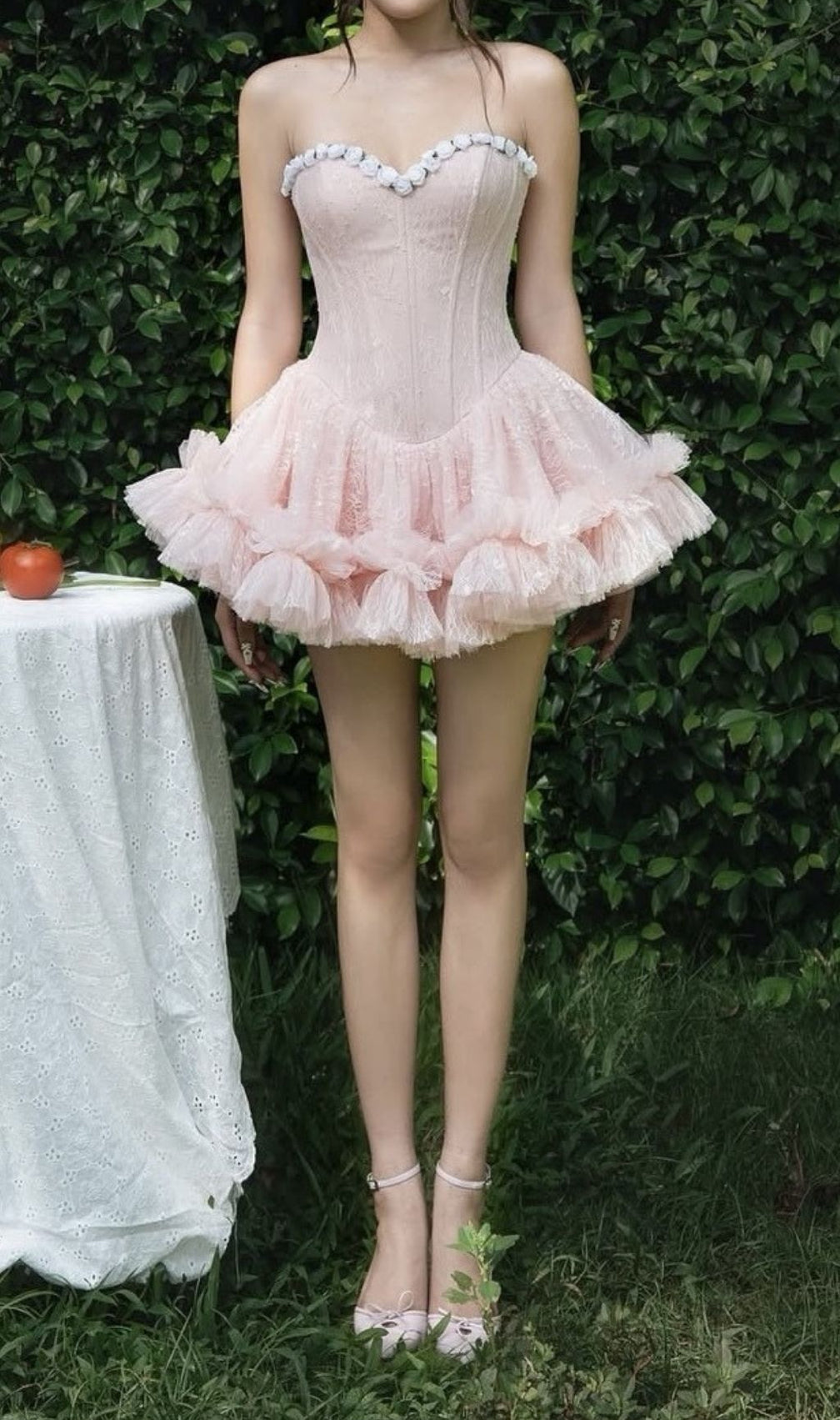 Karmina Pink Strapless Lace Corset Mini Dress - Sculpting & Romantic Fairycore Ruffle Design