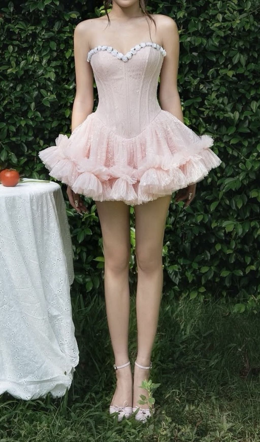 Karmina Pink Strapless Lace Corset Mini Dress - Sculpting & Romantic Fairycore Ruffle Design