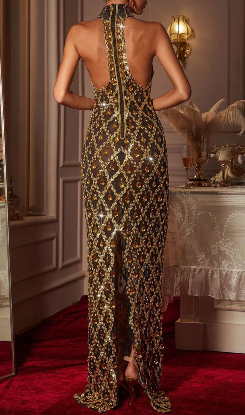 Liora Opulent Gold Sequin Crystal Halter Maxi Dress - Dazzling Gala Gown