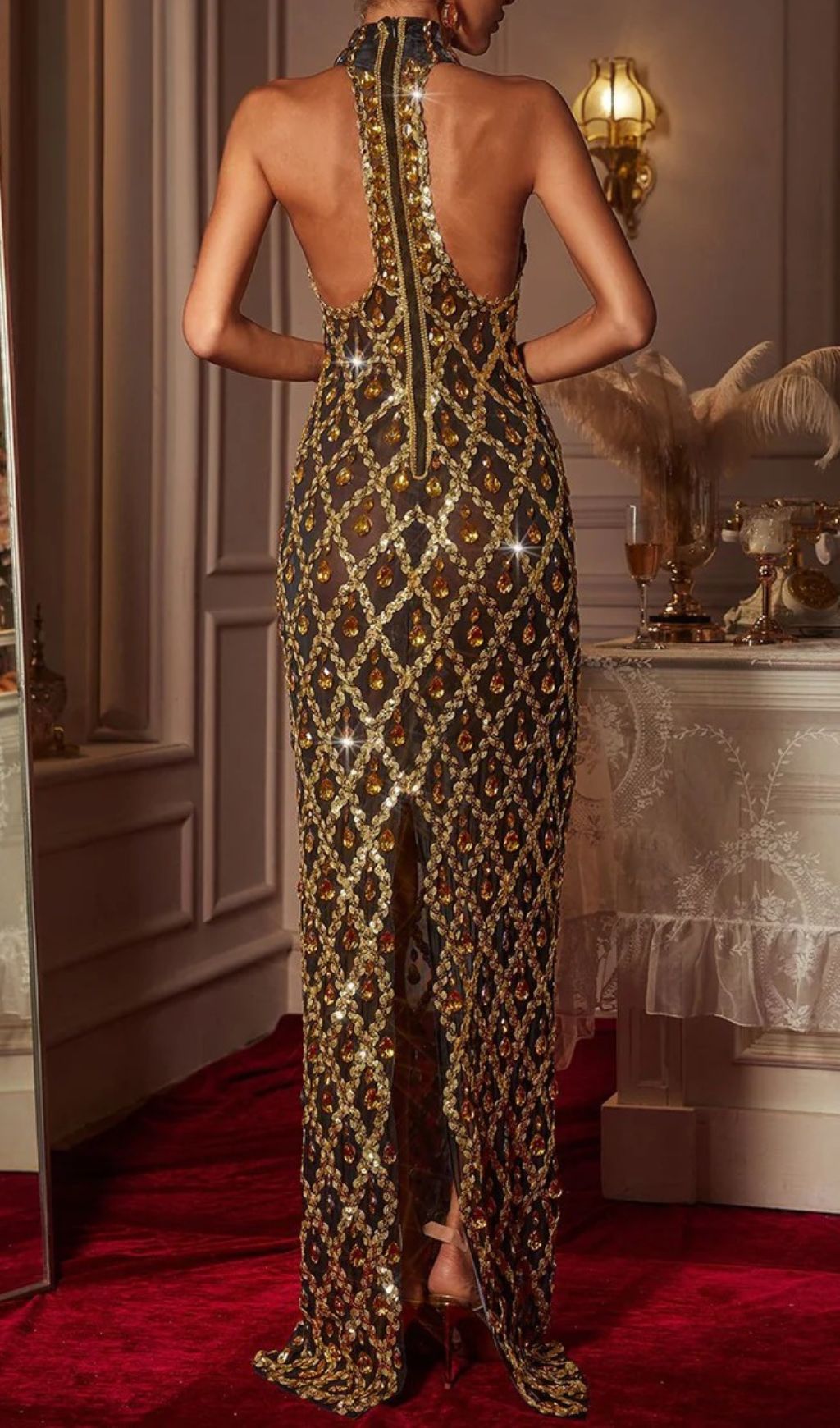 Liora Opulent Gold Sequin Crystal Halter Maxi Dress - Dazzling Gala Gown
