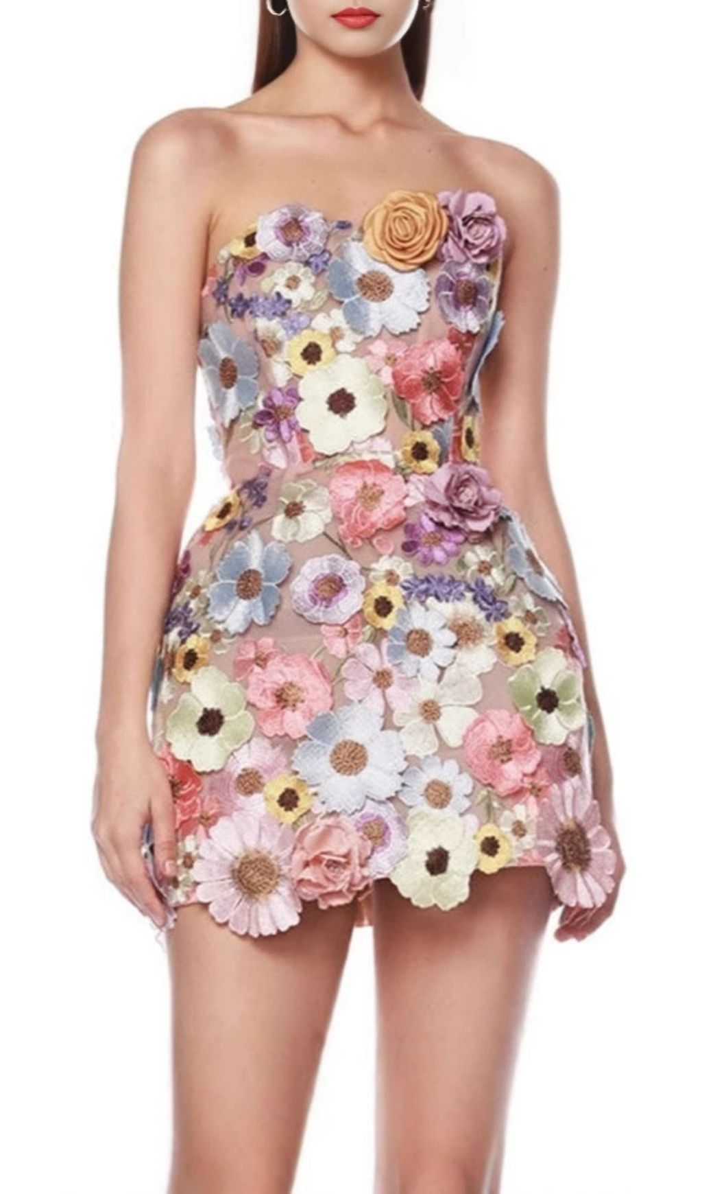 Laasya Pink Strapless Flower Embroidery Mini Dress